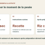 Trois étapes : pesée du produit sec, méthode de la recette et pesée du riz préparé.