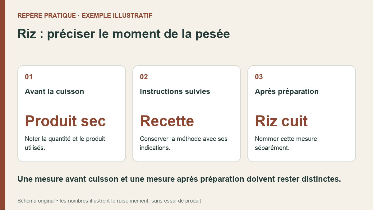Trois étapes : pesée du produit sec, méthode de la recette et pesée du riz préparé.